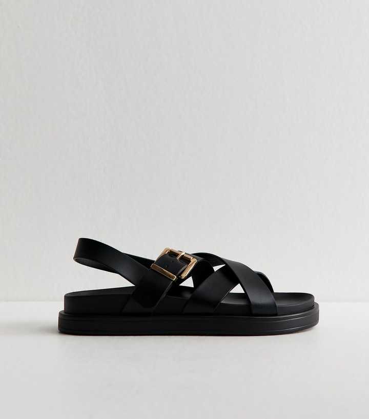 Black Faux Leather Multi Strap Chunky Flat Sandals