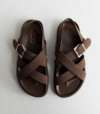 Brown Faux Brushed Leather Multi Strap Chunky Flat Sandals
