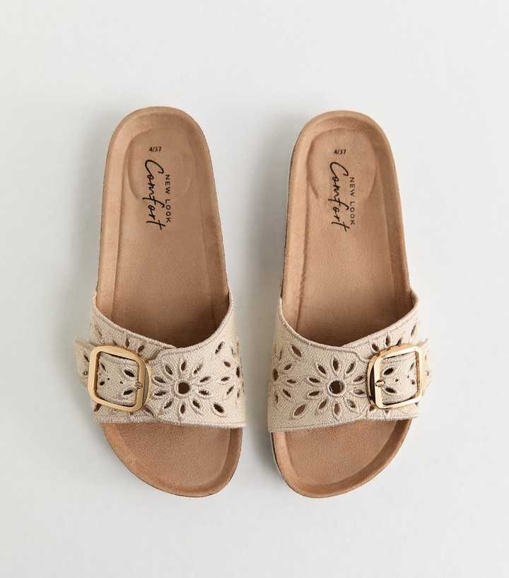 Off White Floral Embroidered Flat Mule Sandals