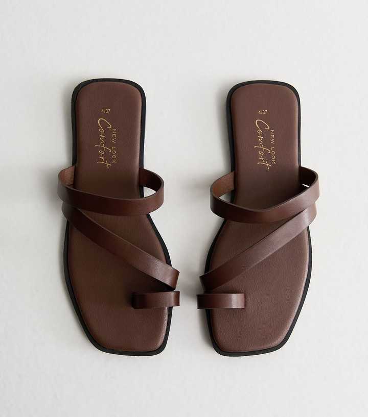 Brown Faux Leather Multi Strap Toe Post Sandals