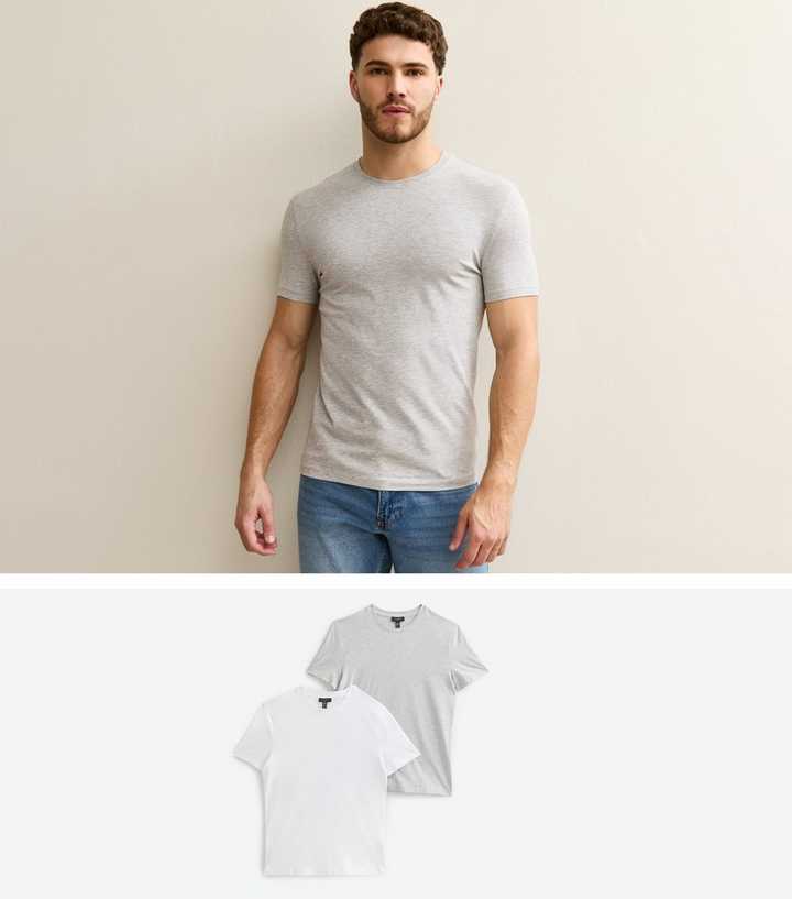 Pack of 2 White and Grey Muscle Fit Crew Neck T-Shirts