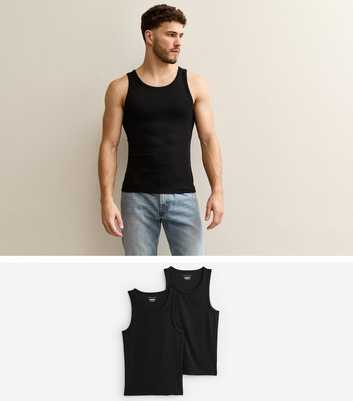Pack of 2 Black Muscle Fit Ribbed Vest Tops