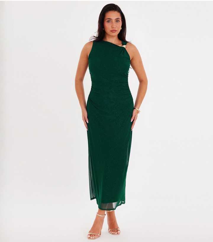 green emerald velvet dress Elegant Hunter Green One Shoulder Midi Dress