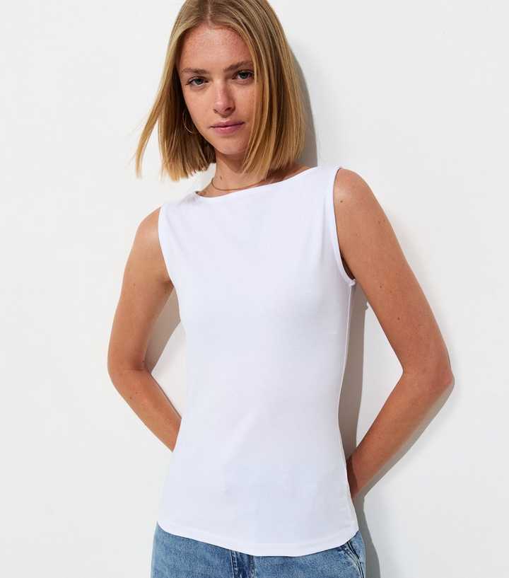 White Boat Neck Sleeveless Top