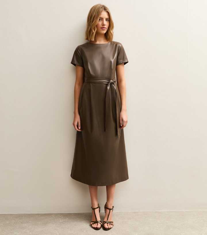 Light Khaki Faux Leather Belted Midi Dress | New Look