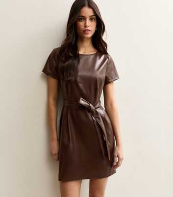 Dark Brown Faux Leather Belted Mini Dress