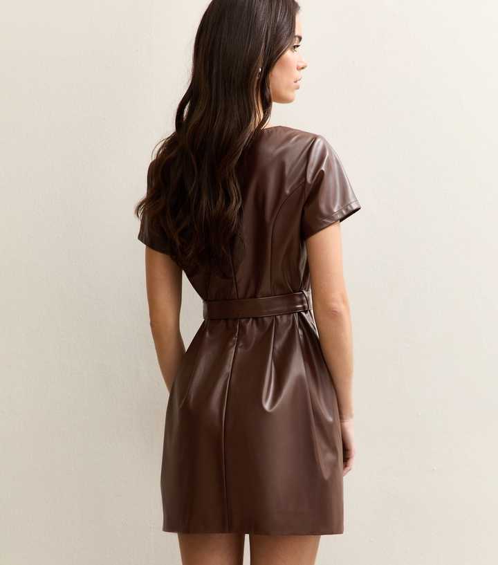 Dark Brown Faux Leather Belted Mini Dress | New Look