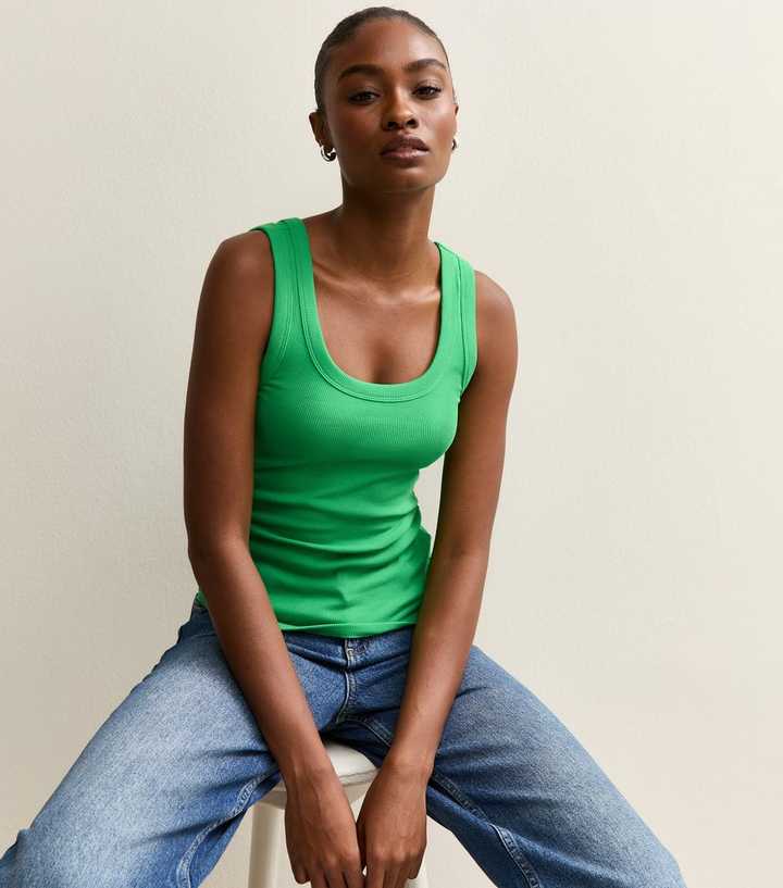 Dark Green Wide Trim Scoop Vest Top