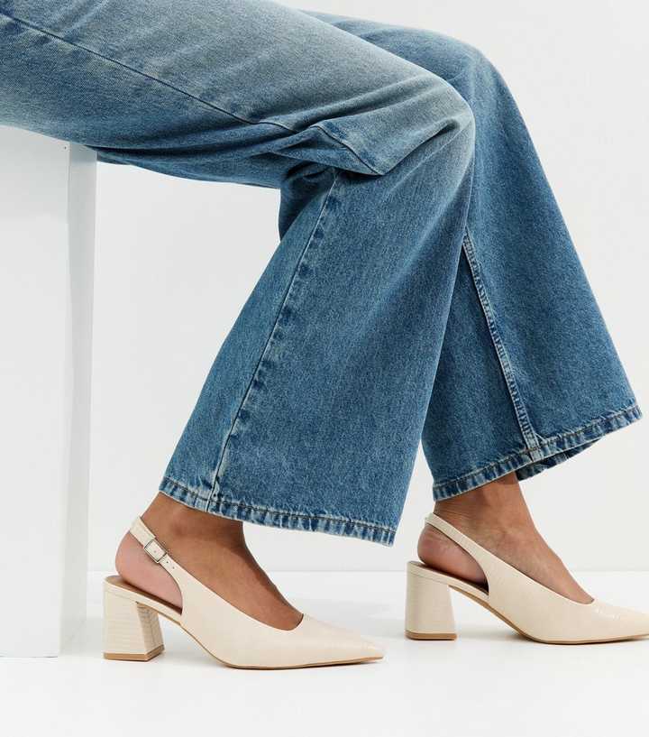 Wide Fit Off White Block Lizard Effect Slingback Court Shoes | New Look