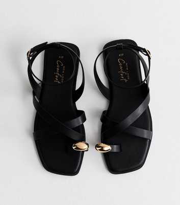 Black Faux Leather Multi Strap Toe Ring Flat Sandals