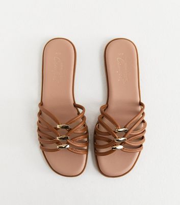 Tan Faux Leather Strappy Hardware Mule Sandals