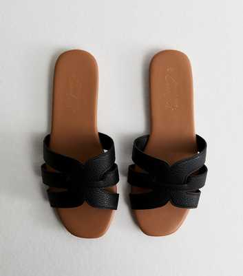 Black Faux Leather Interwoven Strap Flat Mule Sandals