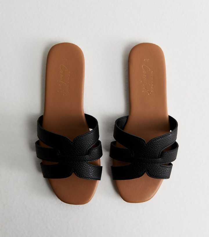 Black Faux Leather Interwoven Strap Flat Mule Sandals | New Look