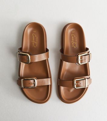 Tan Faux Leather Buckled Strap Sandals