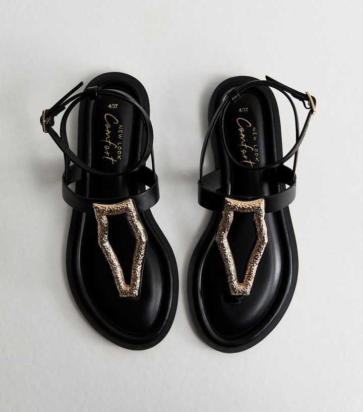 Black Faux Leather Metal Detail Sandals