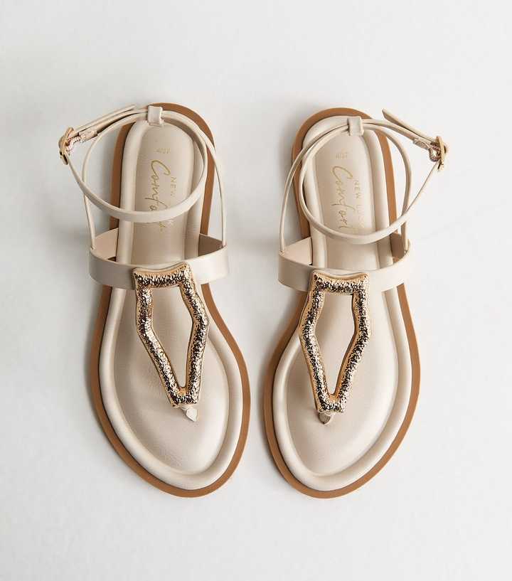 Off White Faux Leather Metal Detail Sandals