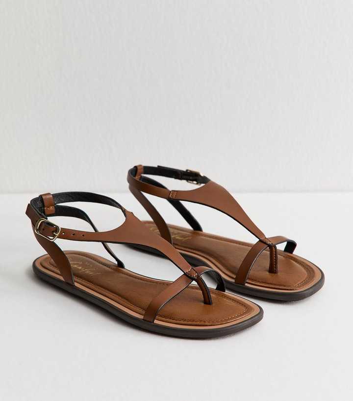 Brown Faux Leather Thong Sandals