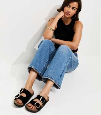 Premium Real Leather Black Real Suede Buckled Strap Sandals