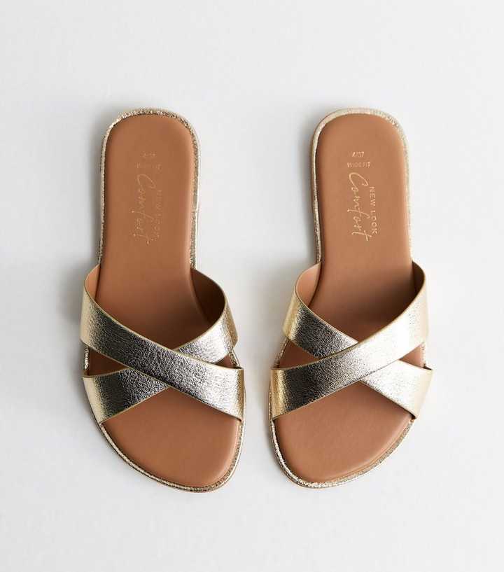 Wide Fit Gold Faux Leather Crossover Mule Sandals
