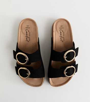 Wide Fit Black Faux Suede Round Buckle Sandals