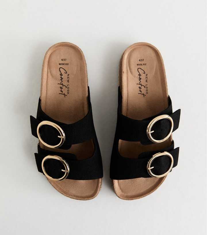 Wide Fit Black Faux Suede Round Buckle Sandals