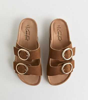 Wide Fit Tan Faux Suede Round Buckle Sandals