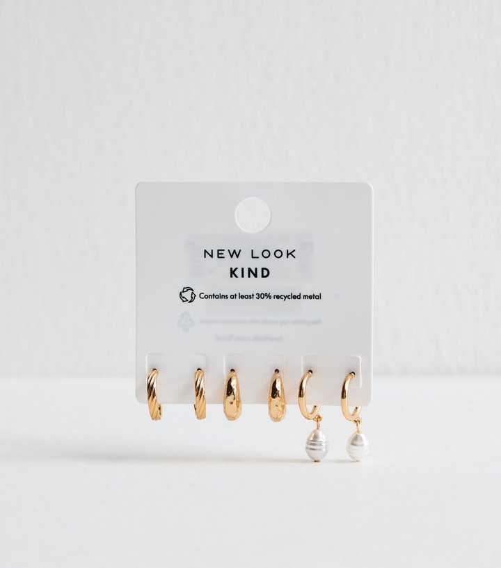 Pack Of 3 Gold Tone Sleek and Faux Pearl Mini Hoops
