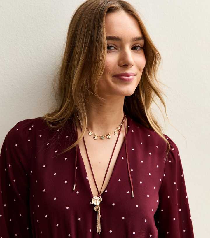 Gold Tone Burgundy Rope Long Tassle Charm Necklace