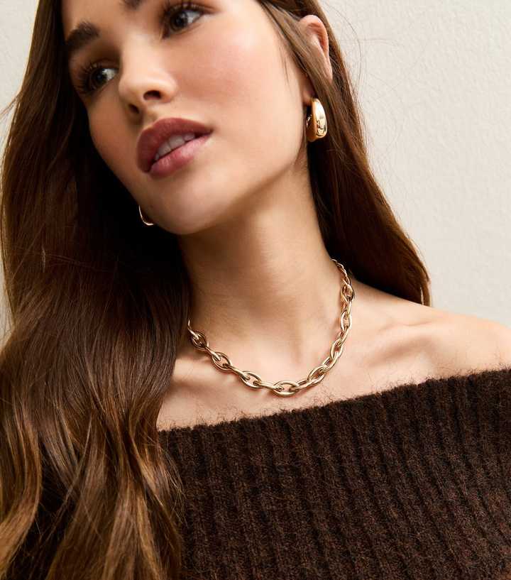 Gold Tone Chunky Oval Link Chain Necklace