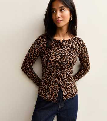 Petite Brown Leopard Print Button Up Long Sleeve Top