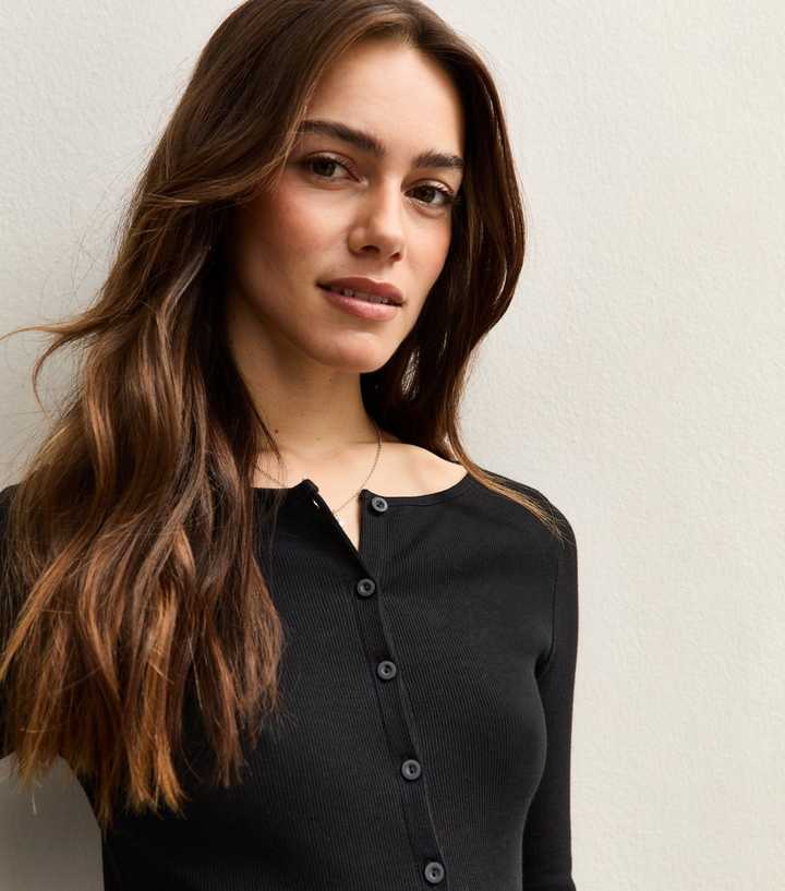Petite Black Long Sleeve Button Through Top