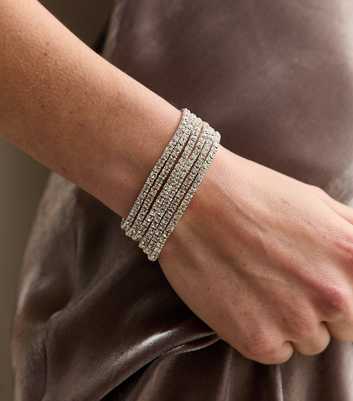 Pack of 6 Silver Tone Gem Embellished Stretchy Bracelets