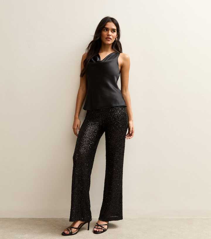 Black Sequin Wide Leg Trousers