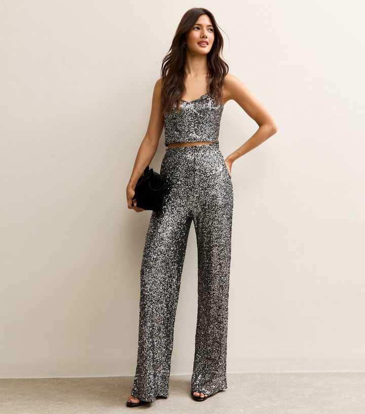 Gunmetal Sequin Wide Leg Trousers