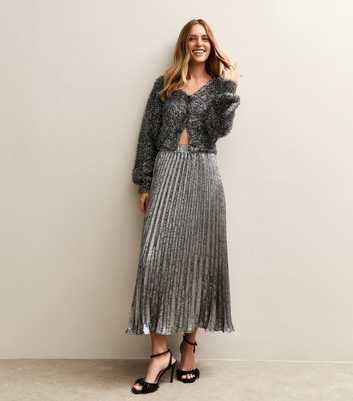 Silver Foil Pleated Midi Skirt