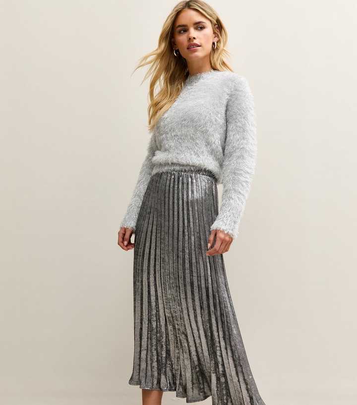 Petite Silver Foil Pleated Midi Skirt
