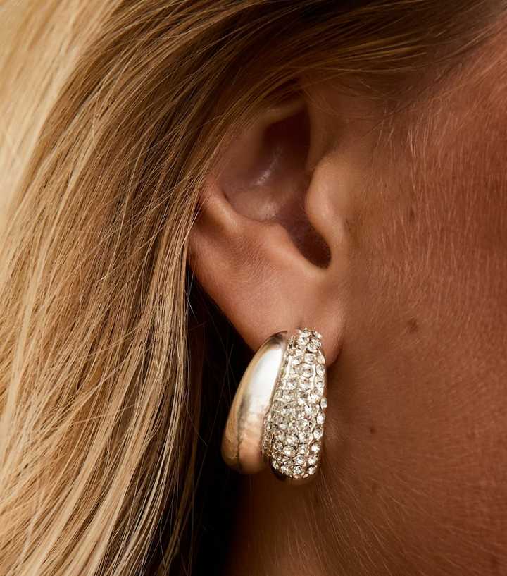 Silver Double Effect Diamante Stud Mini Hoop Earrings