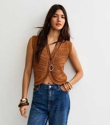 Tan Knit Lader Stitch Waistcoat