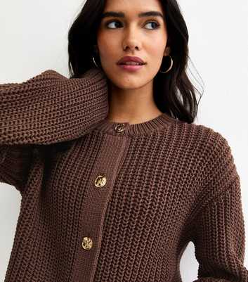 Dark Brown Hammered Button Cotton Rich Chunky Knit Cardigan