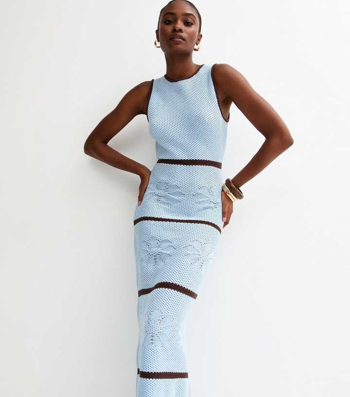 Blue Floral Stitch Cotton Rich Maxi Dress