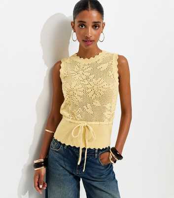 Light Yellow Cotton Rich Floral Tie Waist Vest