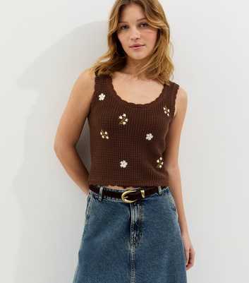 Dark Brown Cotton Rich Embroidered Flower Knit Vest
