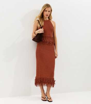 Dark Red Fringe Hem Cotton Rich Midi Skirt