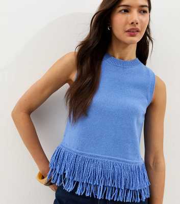 Blue Fringed Hem Cotton Rich Vest