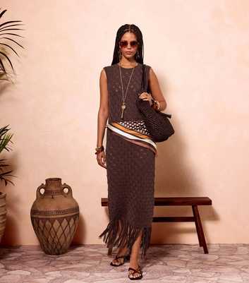 Dark Brown Crochet Fringe Hem Maxi Dress