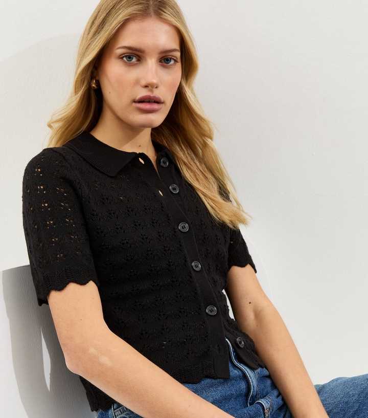 Black Cotton Rich Pointelle Button Up Short Sleeve Cardigan
