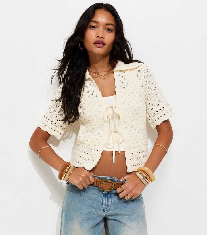 Cream Pointelle Tie Front Collared Top