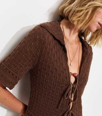 Dark Brown Pointelle Tie Front Collared Top