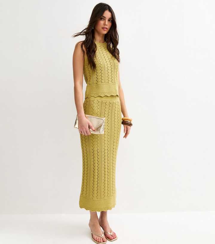Green Cotton Rich Scallop Hem Pointelle Knit Skirt