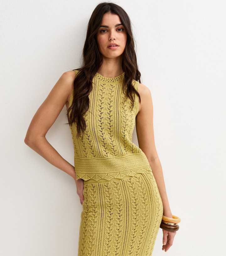 Green Cotton Rich Scallop Hem Pointelle Knitted Vest